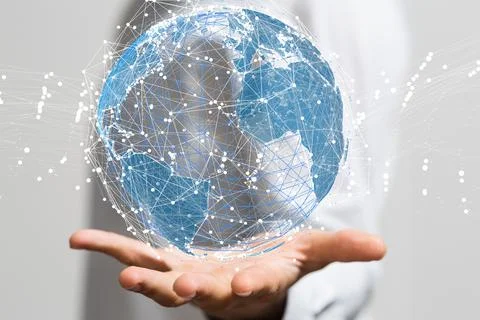A 3D rendered futuristic globe with data connected to each other held in a pe Stock Photos
