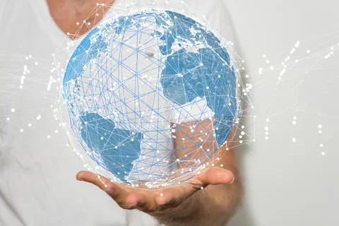 A 3D rendered futuristic globe with data connected to each other held in a pe 写真素材