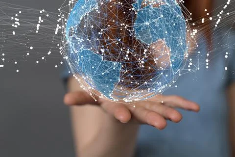 A 3D rendered futuristic globe with data connected to each other held in a pe 写真素材