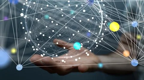 A 3D rendered futuristic globe with data connected to each other held in a pe Foto stock