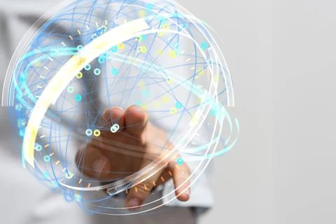A 3D rendered futuristic globe with data connected to each other held in a pe Stock Photos