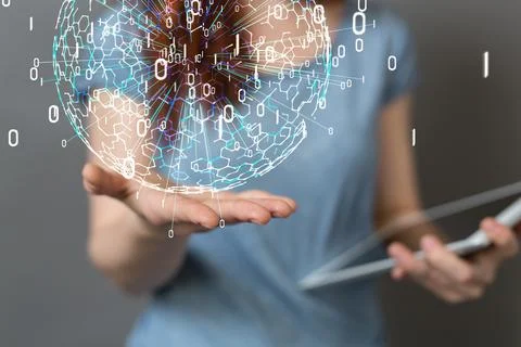 A 3D rendered futuristic globe with data connected to each other held in a pe Foto stock