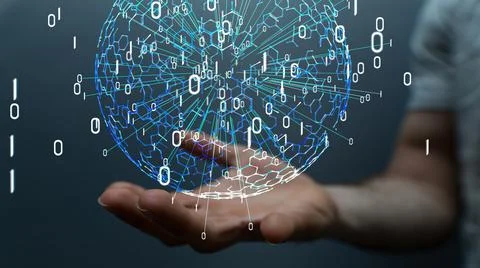 A 3D rendered futuristic globe with data connected to each other held in a pe Stock Photos