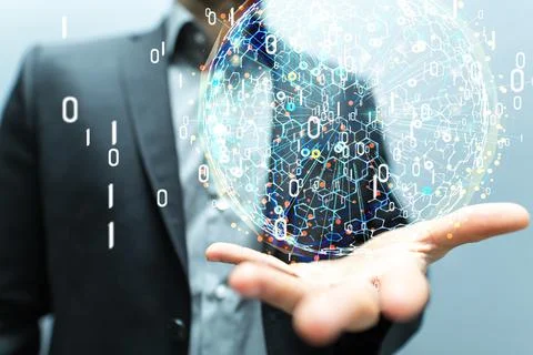 A 3D rendered futuristic globe with data connected to each other held in a pe Stock Photos