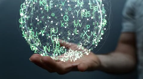 A 3D rendered futuristic globe with data connected to each other held in a pe Stock Photos