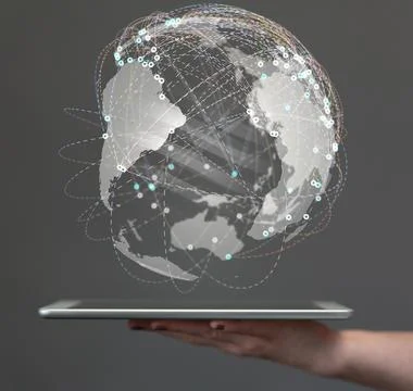 A 3D rendered futuristic globe with data connected to each other held in a pe Stock Photos