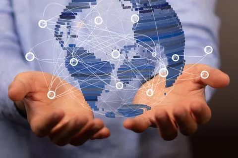A 3D rendered futuristic globe with data connected to each other held in a pe 写真素材