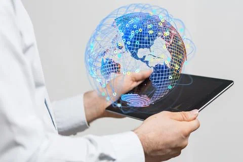 3D rendered futuristic globe held in a person's hand Stock Photos