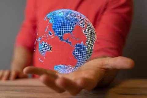 3D rendered futuristic globe hovering over a man's hand Stock Photos