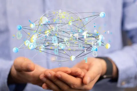 A 3D rendered futuristic globe with users connected to each other held in a p Stock Photos