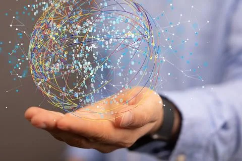 A 3D rendered futuristic globe with users connected to each other held in a p 写真素材