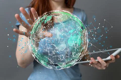 A 3D rendered futuristic globe with users connected to each other held in a p Stock Photos