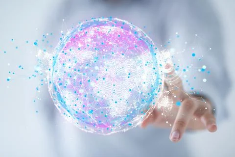 A 3D rendered futuristic globe with users connected to each other held in a p Stock Photos