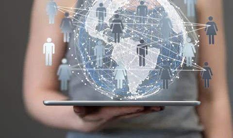 A 3D rendered futuristic globe with users connected to each other held in a p Stock Photos