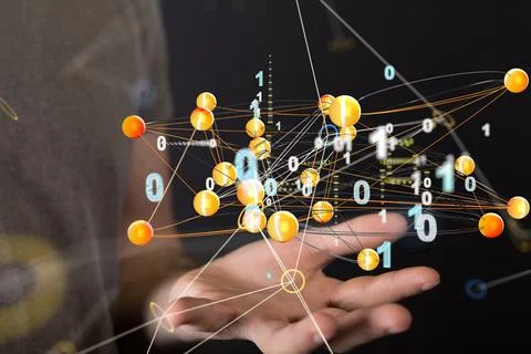 3D rendered futuristic network with binary code hovering over a man's palm Stock Photos