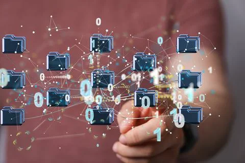 3D rendered futuristic network with binary code and cloud system 写真素材