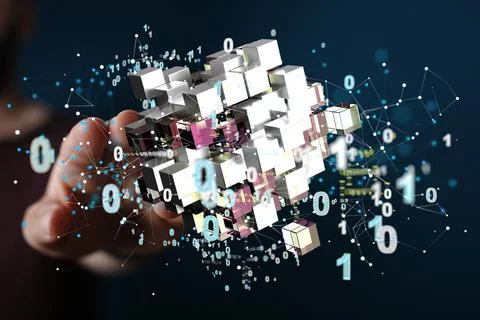 3D rendered futuristic sci-fi network with binary code Stock Photos