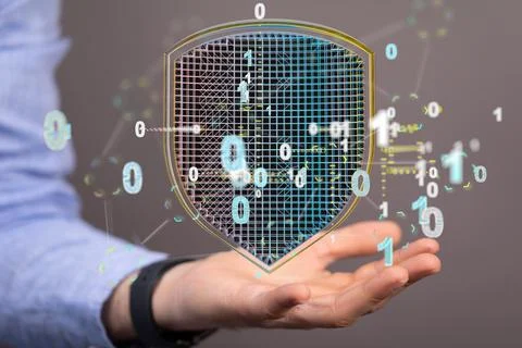 A 3D rendered futuristic shield with binary code hovering over a man's palm - Stock Photos
