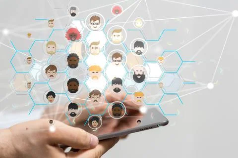 3D rendered futuristic users connected to each other held in a person's hand Stock Photos