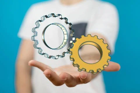 3D rendered gears held in a person's hand Fotos de archivo
