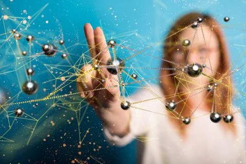 3D rendered global network hovering in woman's hand Foto stock