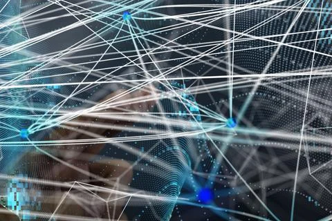 3D rendered global network hovering in man's hand Stock Photos
