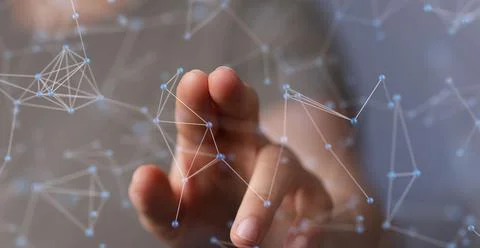 3D rendered global network hovering in mans hand Stock Photos