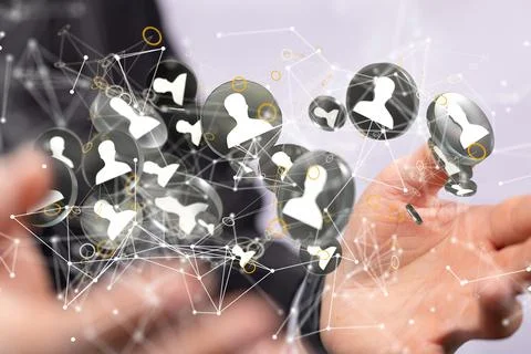 3D rendered global network hovering in mans hand Stock Photos