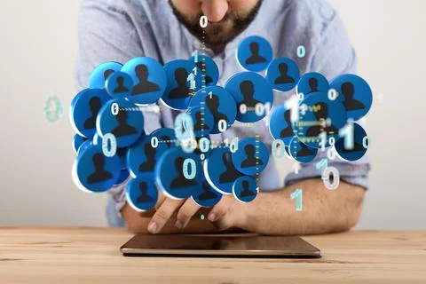 3D rendered global network hovering in mans hand 写真素材