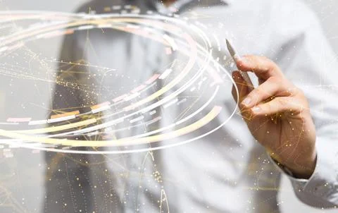 3D rendered global network hovering in mans hand Stock Photos