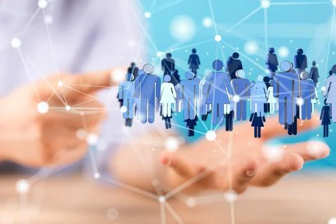 3D rendered global network hovering in mans hand 写真素材