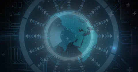 3D-rendered globe floating in data interface, glowing ring radiating arrows and Stock Footage 309106186