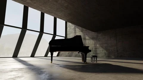 A 3D rendered grand piano is elegantly placed in a modern, minimalist concrete Stock Footage 331268376