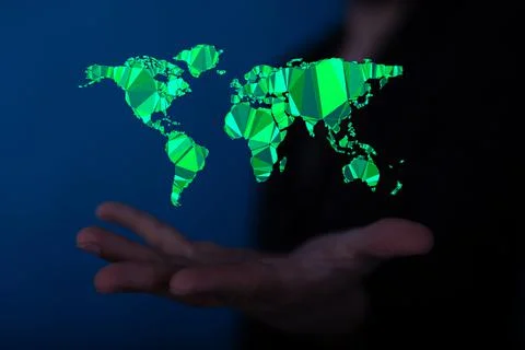 3D rendered green world map hovering over a hand Ilustração Stock