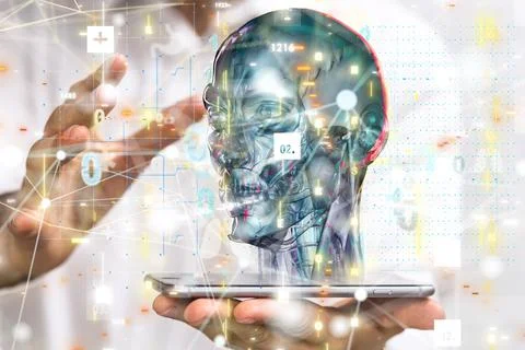 3D rendered head coming out of the smartphone - artificial intelligence concept Stock Photos