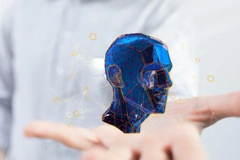 3D rendered head construction above the male hand Fotos de archivo