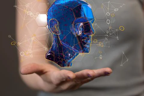 3D rendered head construction above the male hand Fotos de archivo