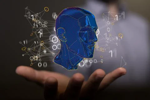 3D rendered head construction above the male hand Fotos de archivo