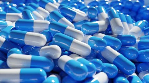 3D rendered heap of blue and white capsule pills in the manufacturing state Stock Illustration