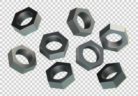 3D rendered hex nuts in dark metallic finish Stock Illustration