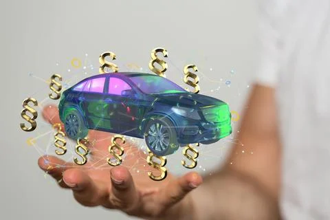 3D rendered hologram of a car with binary numbers in a male hand with white back Stock Photos