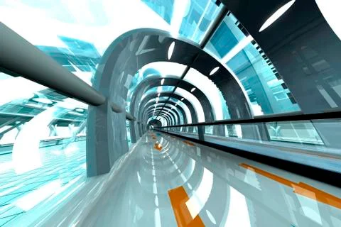 3D Rendered Illustration, Architecture visualization of a futuristic subway or Stock Illustration