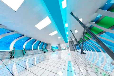 3D Rendered Illustration, Architecture visualization of a futuristic subway or Stock Illustration