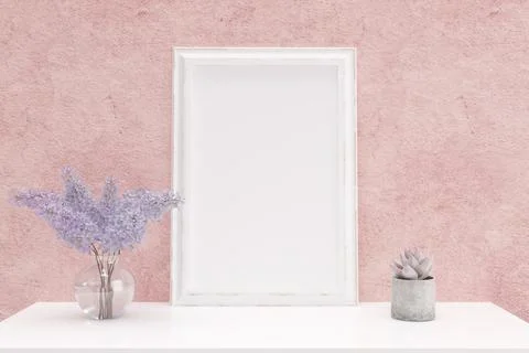 3d rendered illustration of a blank mockup picture frame on a white table. Stock Illustration