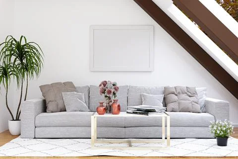 3d rendered illustration of a bright attic living room with mockup picture fr Illustrazione stock
