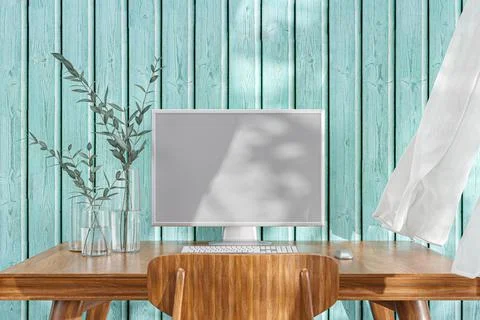 3d rendered illustration of a computer desktop with a mock up monitor. Illustrazione stock