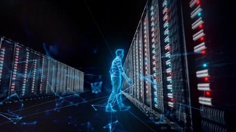 3d rendered illustration of Database Adminstrator Front of big Server v2 Illustrazione stock