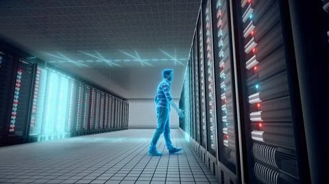 3d rendered illustration of Database Adminstrator Front of big Server Stock Illustration