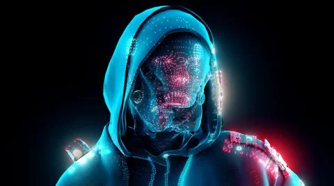 3d rendered illustration of Digital Hacker with hoodie and futuristic mask 스톡 일러스트
