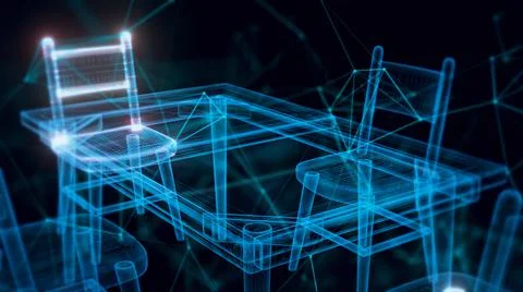 3d rendered illustration of Dining Table and Chair hologram Close up Illustrazione stock